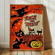 1 pièce Affiche sur canevas de sorcière volante, citrouille fantôme, style décoratif de festival des chats fantômes. Murales d'intérieur, impressions d'affiches, cadeaux muraux, chambre, bureau, salon, café, décoration murale, maison, décoration de dortoir, cadre photo au choix, décoration d'Halloween, décoration d'automne, décoration de chambre.