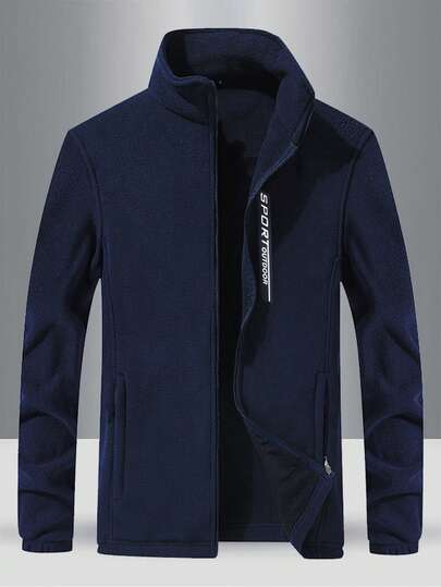 Teens' Soft & Skin-Friendly Fabric Classic Side Zip Pocket Front Fashion Letter Print Decor Outdoor Casual Stand Collar Fleece Jacket, Autumn/Winter