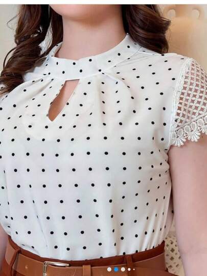 Blusa Feminina Manga Curta De Renda Tecido Bolinhas G0la V