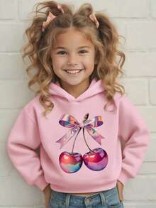 1 件女童休闲樱桃印花连帽运动衫，秋冬学生新款外套，长袖羊毛厚套头衫 - 粉色 - 查看 1