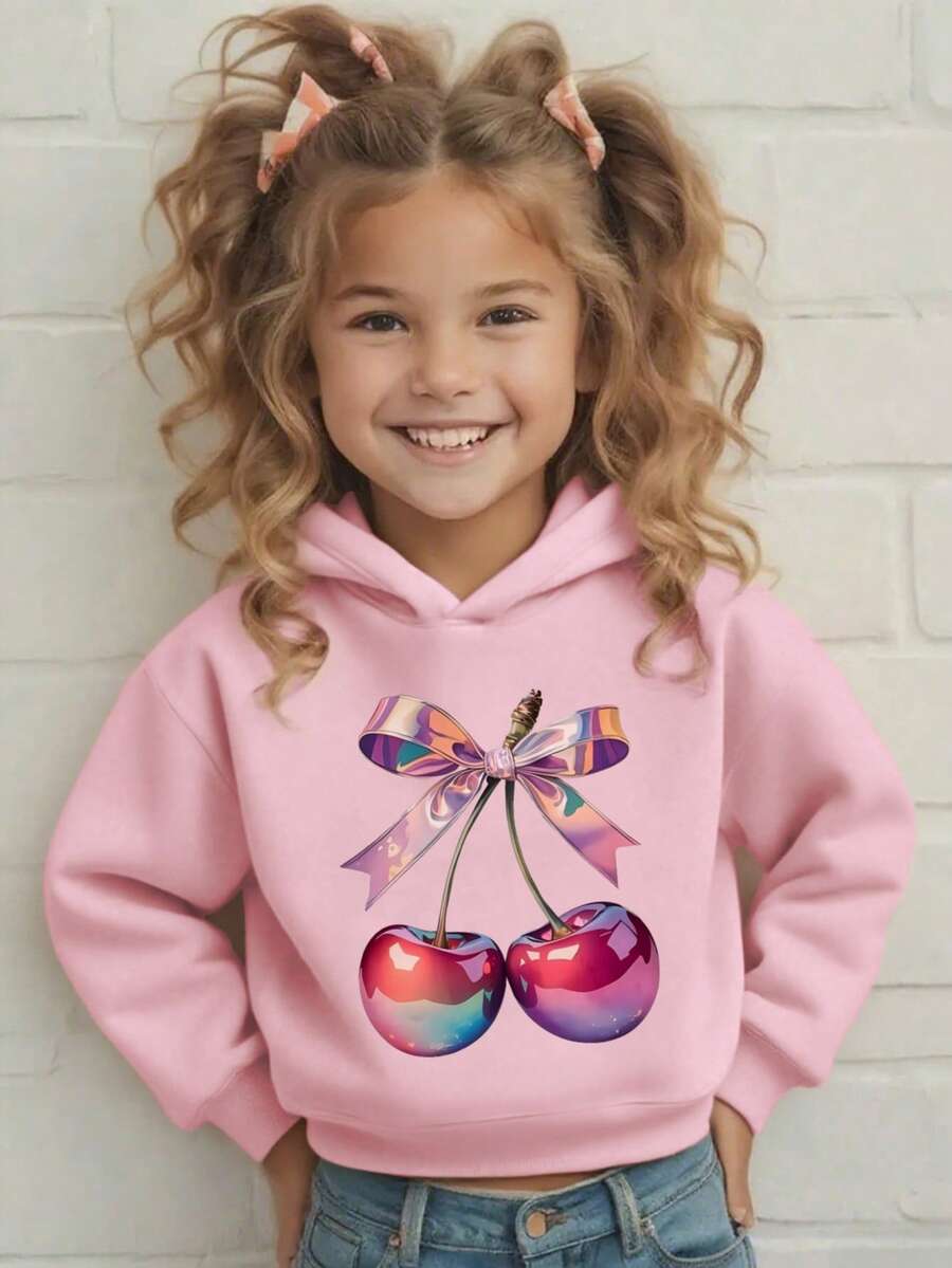 1 件女童休闲樱桃印花连帽运动衫，秋冬学生新款外套，长袖羊毛厚套头衫 - 粉色 - 查看 1