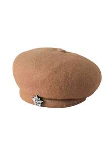 1pc Vintage Inspired Casual Wool Beret Hat With Rhinestones, Flattering Painter Cap, Versatile For Autumn/Winter, Suitable For Valentine's Day