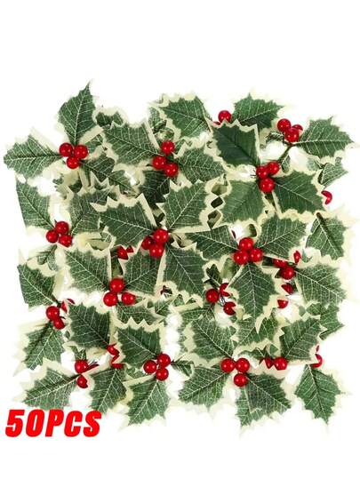 50/10 pezzi Bacche di agrifoglio artificiali con foglie verdi, decorazioni fai-da-te per corone di Natale, matrimoni, regali floreali, Natale, Capodanno, decorazioni per albero di Natale, casa e stanza, materiali in rattan, rami e da inserire