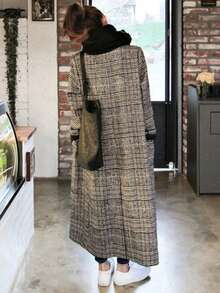 Chic Houndstooth Coat For Women - Slim Fit, Long Thick Fleece, Herringbone Check, Warm And Cold Weather, Perfect For Fall/Winter Commutes And Dates, Machine Washable, Versatile Long Coat | Houndstooth Print | Double-Breasted Coat - 灰色 - 查看 4