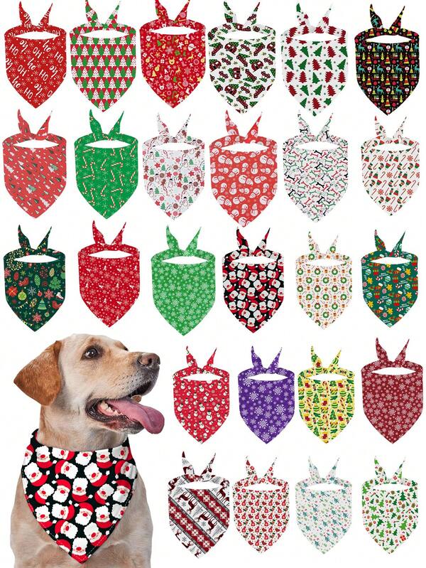 5pcs Christmas Pet Bibs, Single Layer Dog Bandanas With Christmas Tree & Snowman Prints