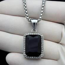 18-36"MEN Stainless Steel 3mm Silver/Gold Plated Box Chain Rhinestone Pendant - Đá quý bạc + đen - Xem 1