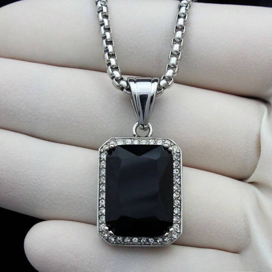 18-36"MEN Stainless Steel 3mm Silver/Gold Plated Box Chain Rhinestone Pendant - Đá quý bạc + đen - Xem 1