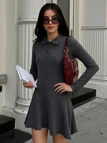Women's Solid Color Front Button Fitted Collar Vintage Elegant Sweater Dress, Suitable For Dates, Daily Wear, Gatherings And Parties, Autumn/Winter - Grey - View 2