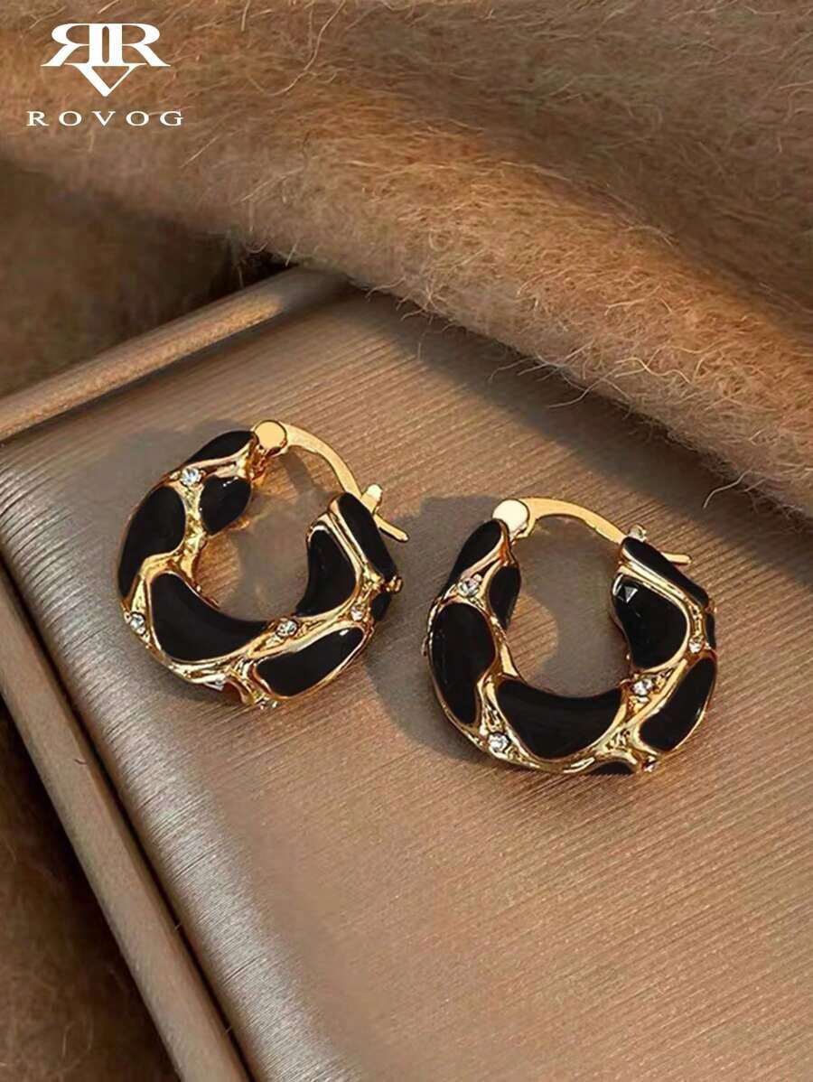 1 Pair Vintage French Elegant Versatile Luxurious High-End Fashionable Niche Personalized Circle Earrings, Essential For Women's Autumn/Winter Outfits - màu đen - Xem 1