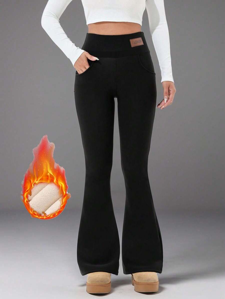 Autumn And Winter High-Waisted Thermal Lined Flared Pants With Side Slits, Stretchy Women's Wide Leg Yoga Casual Trousers - Black - View 1