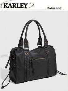 新款女士手提包，水洗皮革托特包，大容量钱包，复古单肩包，女士黑色旅行包 - 深灰色 - 查看 7