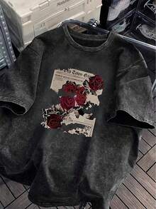 女士做旧水洗印花圆领T恤，夏季 - 黑色 - 查看 2