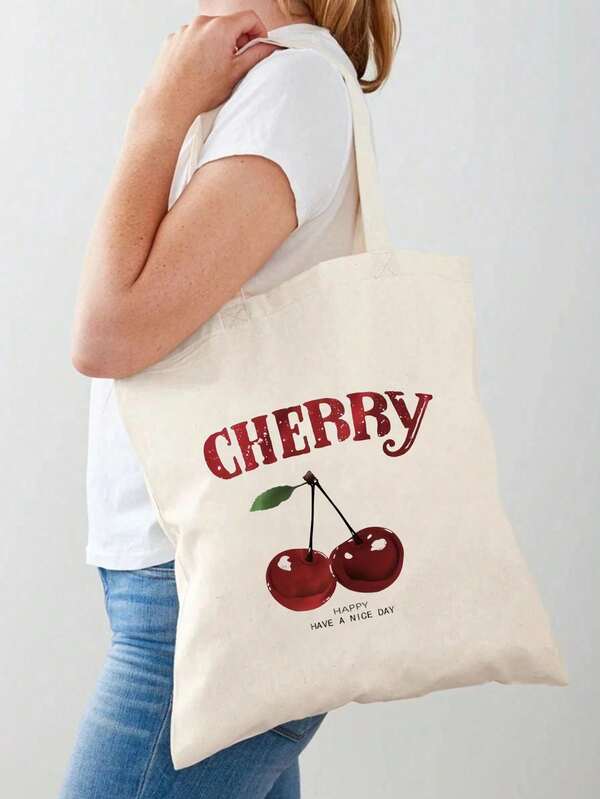 1 Bolso de lona grande tipo tote - Diseño de cereza Bolsa de compras ligera para damas, mercado de agricultores, picnic, regalo para amantes de las frutas (35.05 X 40.13 cm), estilo de verano Asa duradera, artículo esencial para la playa plegable, gran capacidad, ligero, elegante, bolso personalizado tipo tote, bolso de hombro, bolso de compras casual para volver a la escuela