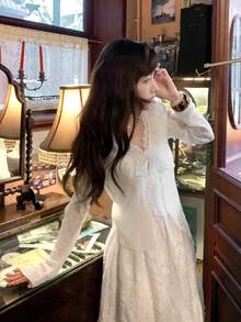 V-Neck Long Sleeve Lace Sheer Cover Up, Lightweight Knit Shawl Collar Cover Up For Summer - White - View 1