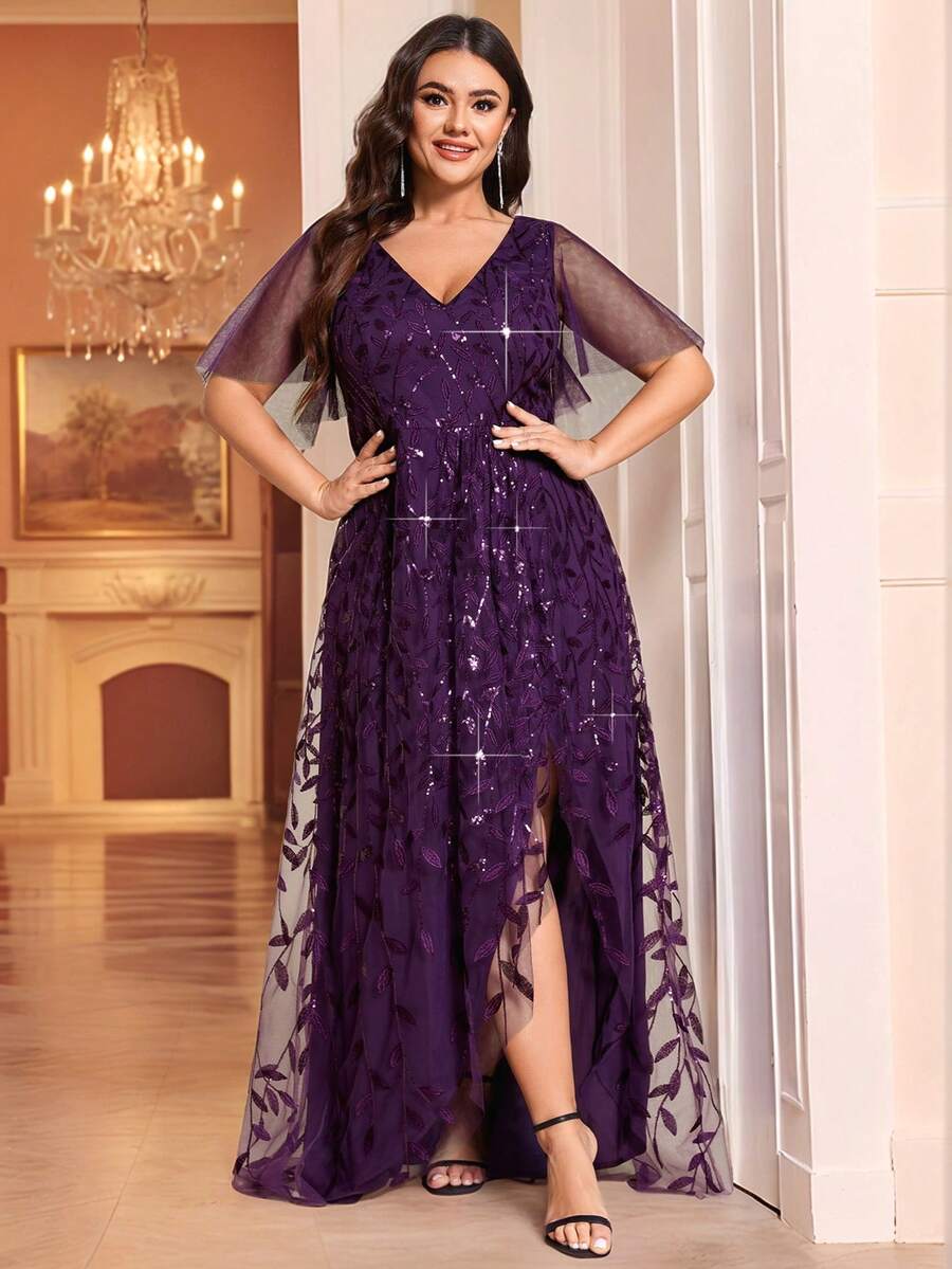 优雅亮片V领短袖高开衩晚礼服，适合派对、伴娘、秋冬婚礼宾客、节日及其他场合，女士正式礼服 - 紫色 - 查看 1