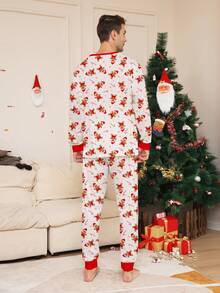 男士姜饼人与星星拐杖糖印花圆领长袖上衣和抽绳裤睡衣套装，2件套，圣诞装饰元素，秋冬服装