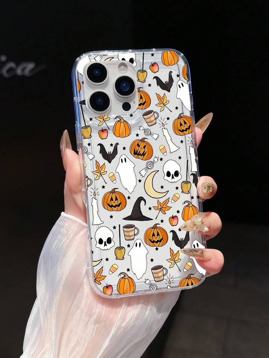 1 pieza Funda de teléfono con amortiguación acolchada de TPU con gráfico único y de moda de fantasma y calabaza de Halloween compatible con la serie 15, 16 Pro Max/16/16 Pro/16 Plus, 11/12/13/14 Pro Max, 11 Pro/11 Pro Max, 12 Pro/12 Pro Max, 13 Pro/13 Pro Max, 14 Pro/14 Pro Max, Funda de teléfono creativa y elegante para la serie Apple 17