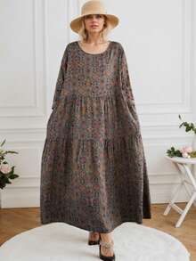 AZAH Festival de Primavera Chino, Tops 2026, Vestido Largo de Otoño, Vestido Suelto Plisado de Cuello Redondo y Manga Larga de Otoño, Vestido Casual Bohemio de Vacaciones Diarias, Vestido Retro de Talla Grande para Mujer, Un Vestido, Estampado Aleatorio - Café integral - Ver 8