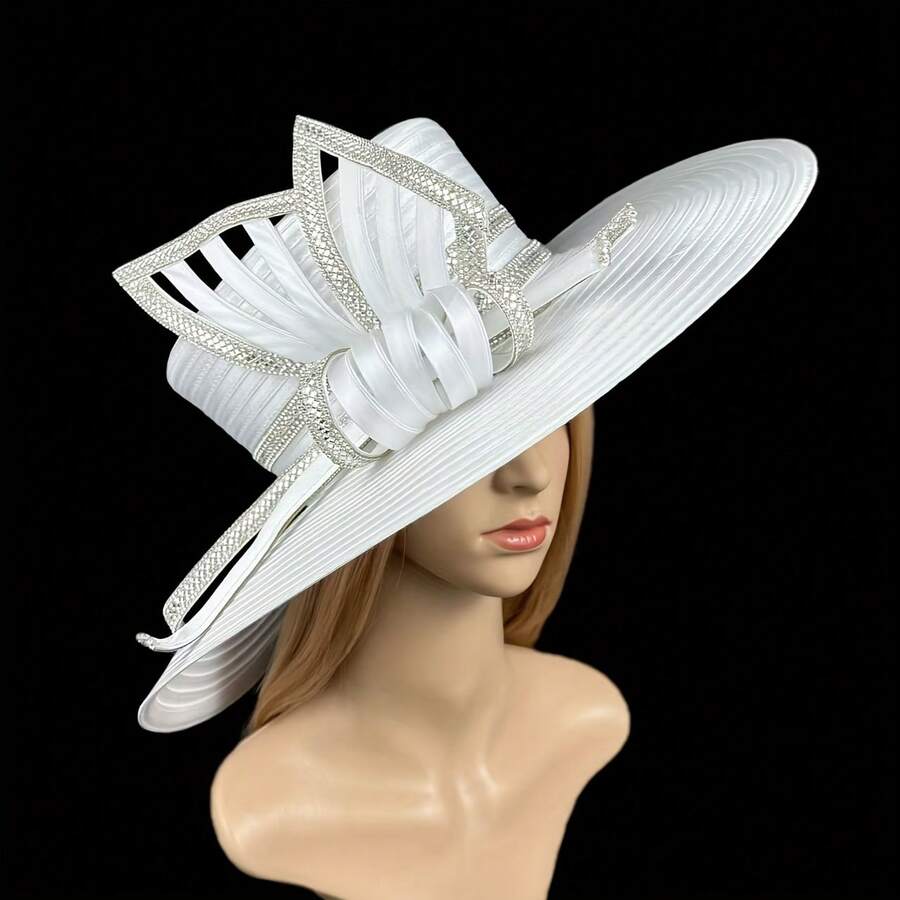 Box Packaging Fashion Retro Women's Church Hat With Wide Brim And Rhinestone Decoration Elegant Church Hat Must-Have For Easter, Mother's Day, Wedding Guests And Special Occasions - trắng - Xem 1