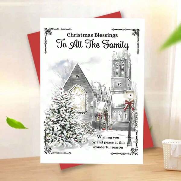 1pc Festive Christmas Greeting Card For All Family Members - Paper Card With Envelope, Religious Church Scene, Seasonal Wishes, Joy And Peace, Holiday Greetings, Suitable For Anyone,