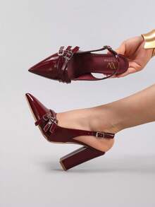 2025 年秋冬女士酒红色高跟鞋，带腰带扣装饰，亮面 PU 皮革性感尖头粗跟时尚派对超高跟凉鞋，优雅，女士浅口鞋 - 酒紅色 - 查看 1