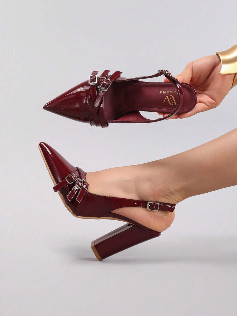 2025 年秋冬女士酒红色高跟鞋，带腰带扣装饰，亮面 PU 皮革性感尖头粗跟时尚派对超高跟凉鞋，优雅，女士浅口鞋 - 酒紅色 - 查看 1
