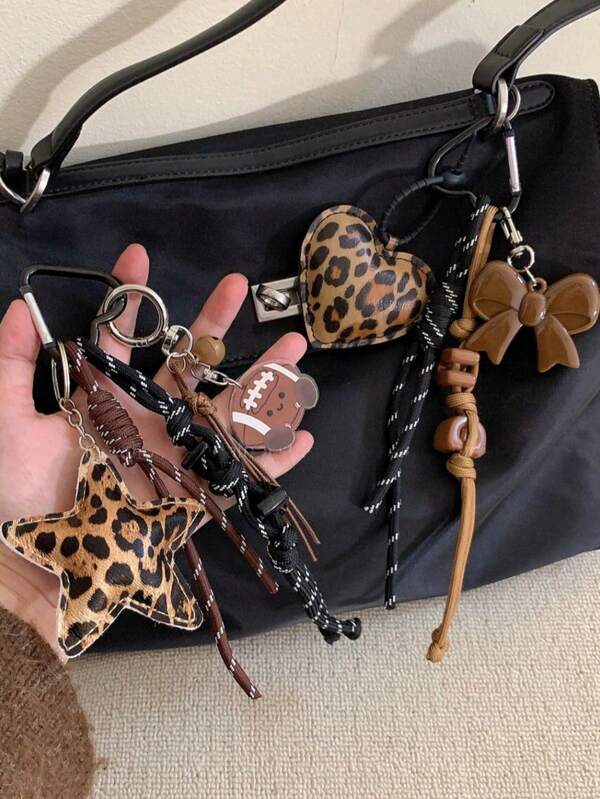 Maillard Leder Leopard Stern und Liebe Taschenanhänger Rugby Tasche Anhänger Geflochtene Kordel Accessoires Herbst Y2K Leopardenmuster