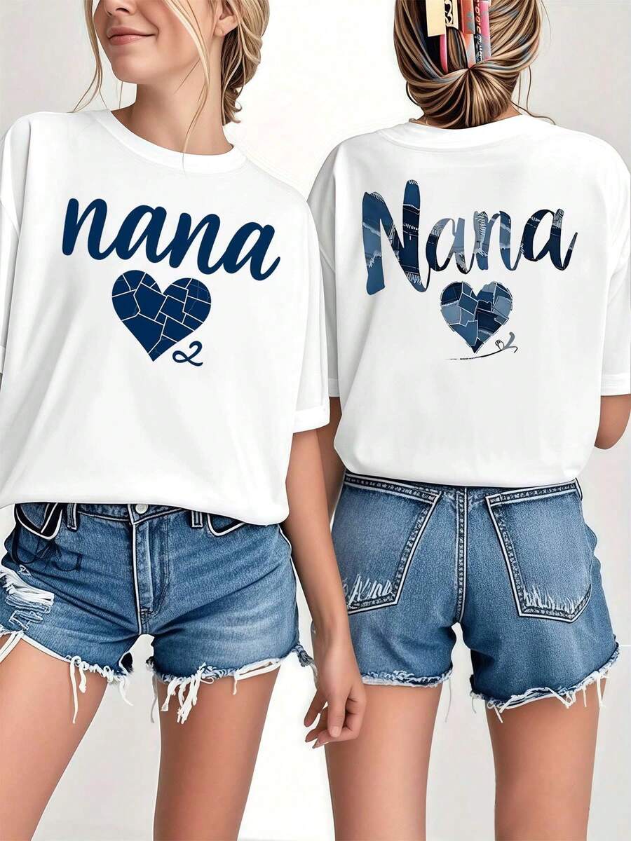 PLUS SIZE Nana Heart Graphic Tee , Women's Double Sided Printed Fashion Casual Round Neck 220gsm Cotton T-Shirt (1 PC) - 白色 - 查看 1