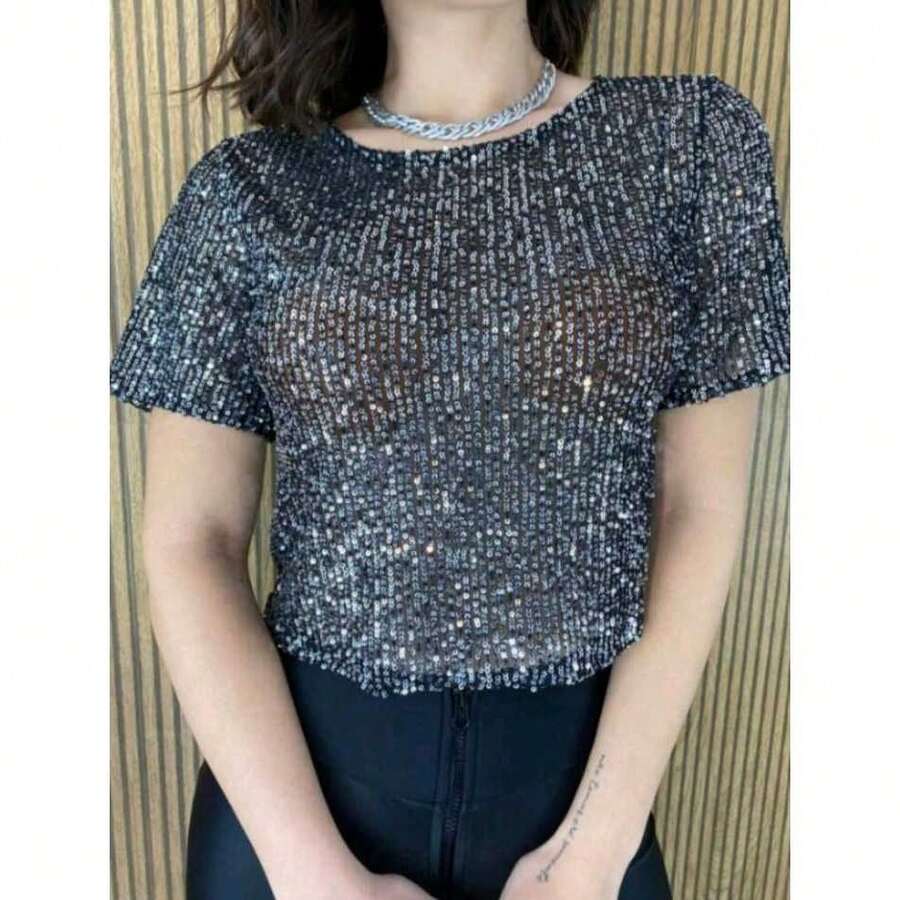 Women's Shiny Sequin Cropped T-Shirt Blouse Party Fashion - Black With Silver - View 1