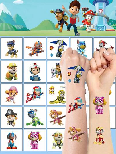 Paw Patrol 20 szt./zestaw naklejek Psi Patrol, uroczy pies Chase Skye, wodoodporne, tymczasowe naklejki tatuażowe, kawaii, zestaw przyjaciół Ryder, tatuaż na ciało, dekoracja na przyjęcie urodzinowe, do cosplayu i codziennego noszenia