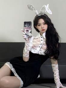 Lace Cute Girl-Style Seamless Bodysuit Set, Bodycon Skirt, Sexy Cosplay Bunny Girl/Maid Uniform, Suitable For Young Women, Christmas, Parties, Cosplay, Photo Shoots