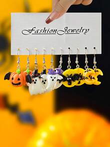 10/30/60pcs Halloween Cute & Funny Pumpkin Bat Zombie Ghost Black Cat Spider Witch Hat Resin Pendant Earrings Halloween Gift Set - Multicolor - View 4