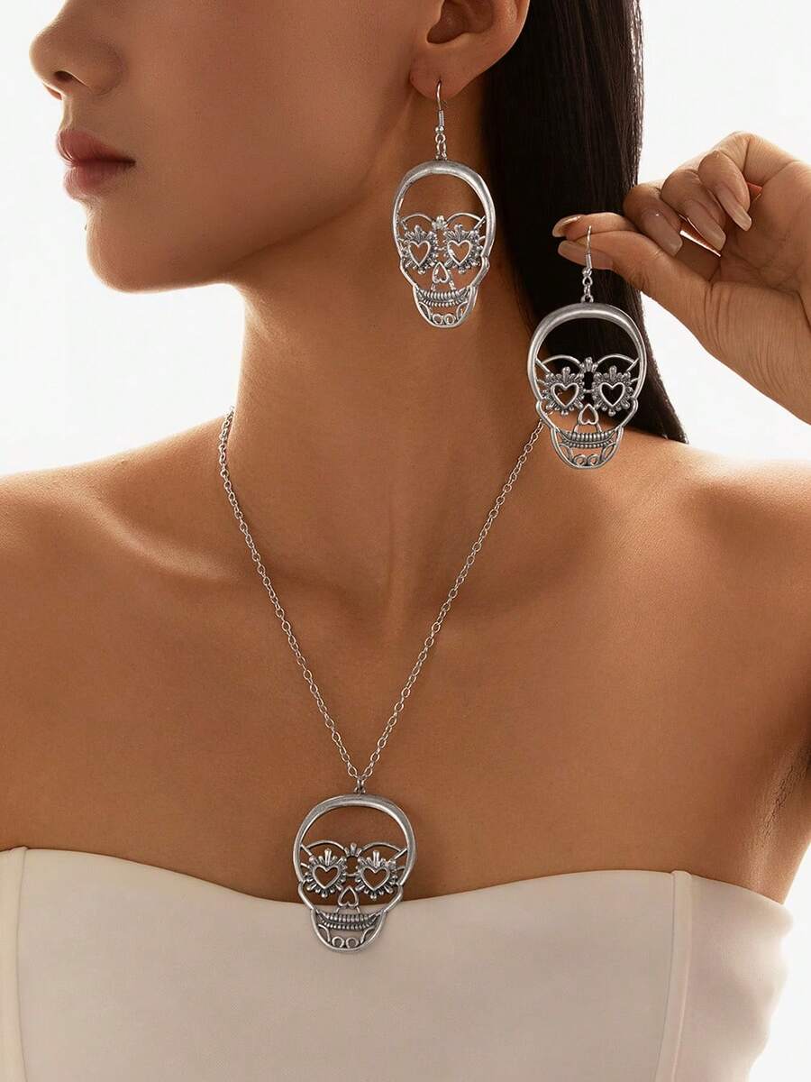 2pcs Gothic Style Necklace & Earrings Jewelry Set, Unique Fashion Accessories For Party, Halloween Gift For Friends