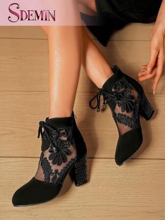 SDEMIN Early Autumn And Winter Daily Wear, Date Travel, Ladies' Temperament, Floral Print Lace Ankle Boots, Back Zipper Square High Heels, Round Toe Boots, And Fashionable Pointed Black Mesh Breathable High Heels