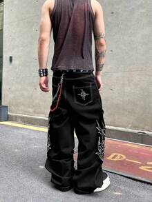 1件装美式休闲街头品牌刺绣图案男士宽松阔腿牛仔裤，百搭长裤（不含腰带和配饰） - 黑色 - 查看 5