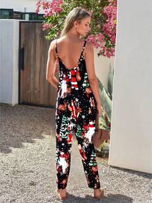 大码女式圣诞印花连体裤阔腿裤带口袋 - 黑色 - 查看 4