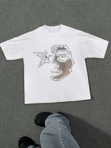 Teen Girl Clothes, Graphic Tees,With Silver Star & Face Pattern, Regular Round Neck, Baby Tee, Reflective Printed T - Shirt, Breathable Fabric,Y2k Style. - trắng - Xem 1