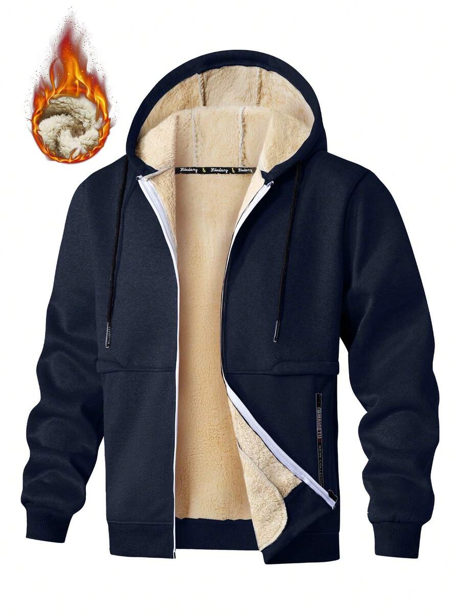 男士连帽夹克，保暖内衬防风外套，春、秋、冬休闲百搭外套，抓绒材质 - 藏蓝色 - 查看 1