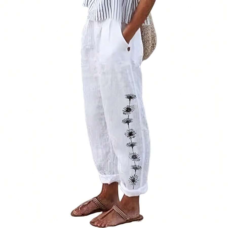 Women Summer Autumn Boho Style Retro Cotton Linen Embroidery High Waist Loose Casual Pants With Pockets - 白色 - 查看 1