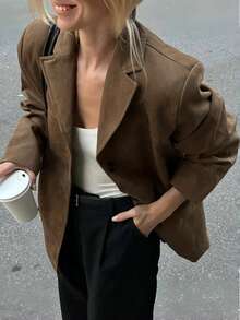 Damen elegante vintage Locker Jacke, einfarbiger Webstoff, Knopfverschluss mit Taschen, geeignet für Pendeln, Flughafen, Büroalltag, Schule, Herbst/Winter