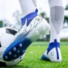 Fußball/Fußballschuhe für Herren & Damen, hochgeschnittene Spitze, geeignet für Outdoor-Rasen & Indoor, professionelle Trainingsschuhe mit rutschfesten Stollen - Blau-Weiß - Übersicht 11