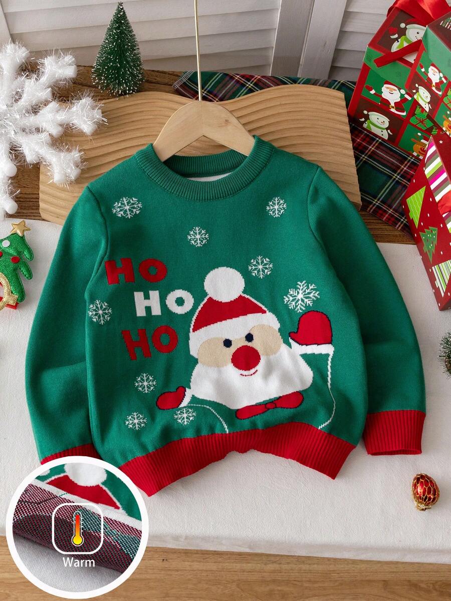 Kids Santa Claus Pattern Long Sleeve Sweater, Christmas Gift, Crew Neck Pullover Suitable For Christmas Party, Daily Wear, Spring, Autumn, Winter - Green - View 1