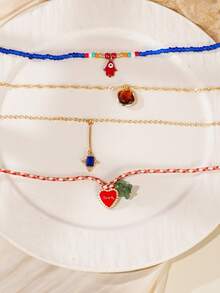 4pcs Bohemian Asymmetrical Natural Stone Beaded Layered Pendant Necklace Set, Cubic Zirconia Charm, Suitable For Daily Wear And Party, All Seasons - Multicolor - View 2