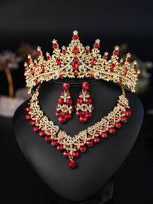 婚禮時尚珠寶套裝，新娘飾品，水鑽皇冠，優雅項鍊，耳環，4件套婚紗珠寶，適用於婚禮、派對、萬聖節 - 紅色 - 查看 15