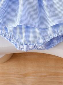 Baby Mädchen süßer karierter ärmelloser Romper mit 3D Schleifen Dekor und Knopfdesign, geeignet für tägliche Ausflüge, Frühling/Sommer - Blau - Übersicht 6