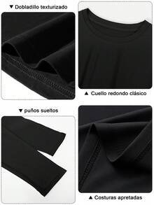 Camiseta holgada informal de color sólido, de manga larga y cuello redondo, para mujer - Negro - Ver 4