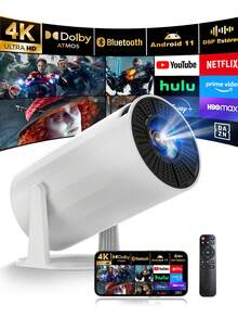 Proyector LED Profesional 4k HD Android Wifi , Proyector Inteligente con Corrección Automática de Nivel, Compatible con Teléfono Móvil Proyector de Cine al Aire Libre Giratorio 180°, Cine en Casa Portátil para Exterior, Casa, Conferencia - Blanco - Ver 2