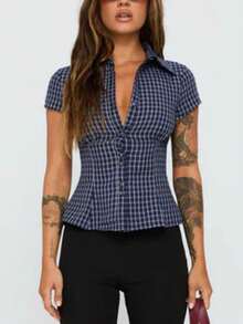 Women Y2k Button Down Shirt Top Blouse Plaid/Solid Color Short Sleeve Lapel Slim Fit Gingham T Shirts Crop Tops Summer Going Out Cropped Tees Tops Party Club Streetwear - Màu xanh hải quân - Xem 4