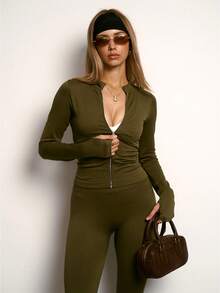 PinkTip Women's Seamless Stretchy Zipper Long Sleeve & Pants Sports Set, Solid Color Casual Minimalist Stand Collar Shaping Jacket & Leggings Workout Set For Running, Fitness, Yoga - 咖啡棕 - 查看 1