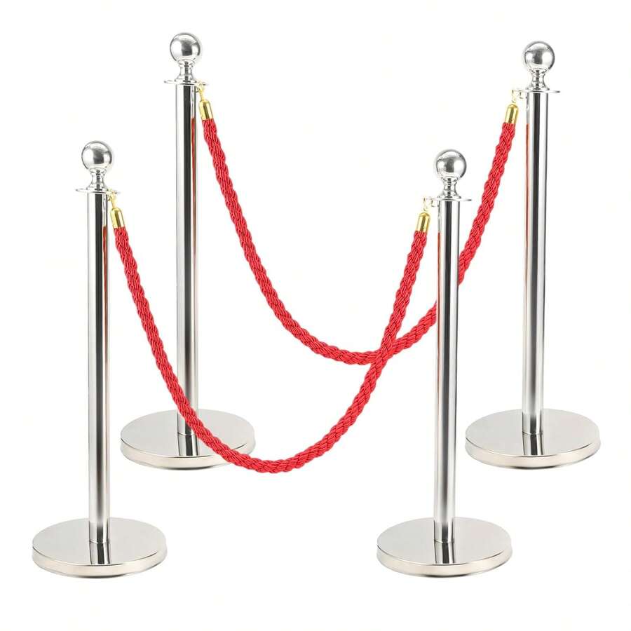Queue Barrier Posts Stands 1Set Crowd Control Stanchions With 1.5M Ropes Heavy Duty Stainless Steel Queue Barrier Posts With Weighted Bases For Events Airports Hotels - Silver Red - View 1
